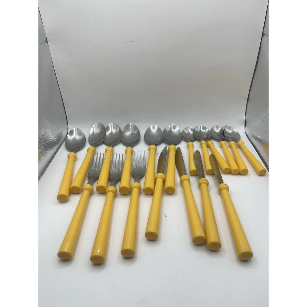 Vintage AMEFA Yellow‎ Handled Flatware Set Stainless Steel Made in Taiwan